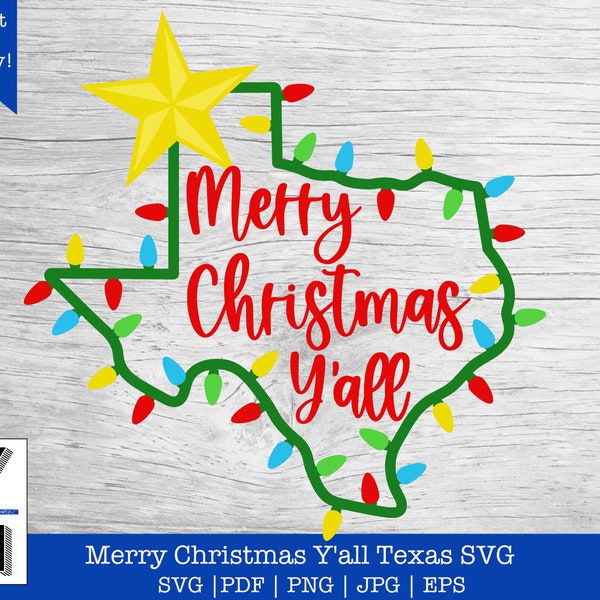 Merry Christmas Y'all SVG | Christmas Lights Shaped Like Texas with De Zavala Star and Merry Christmas Y'all PNG Clipart