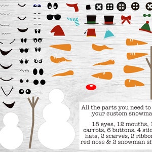 May include: A printable set of snowman craft cutouts. The set includes 18 eyes, 12 mouths, 10 carrots, 6 buttons, 4 sticks, 6 hats, 2 scarves, 2 ribbons, 1 red nose, and 2 snowman shapes.