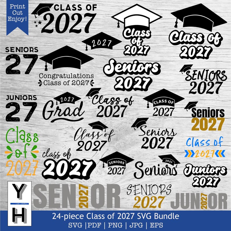 May include: A set of 24 digital cut files for crafting and design. The files feature various designs for the class of 2027, including "Class of 2027", "Seniors 2027", "Juniors 2027", and "Grad 2027". The designs are in black, gold, and white.