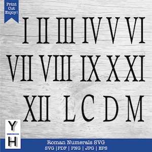Könnte beinhalten: Schwarz-weiße römische Ziffern Grafiken für die Zahlen eins bis zwölf, fünfzig, hundert, fünfhundert, tausend und eine Million. Die Grafiken sind auf einem weißen Holz Hintergrund.