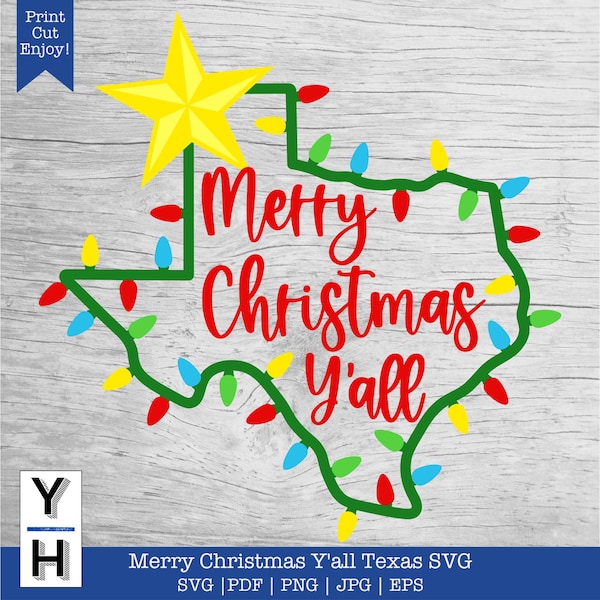 Merry Christmas Y'all SVG | TexMas | Christmas Lights Shaped Like Texas with De Zavala Star and Merry Christmas Y'all PNG Clipart
