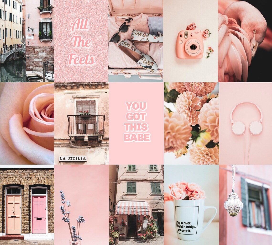 Peachy Pink Wall Collage Kit Room Decor Aesthetic Vsco Wall Etsy