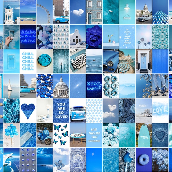 Blue Collage Kit 80/100 pc, Blue Aesthetic Wall Collage, Blue Photo Wall Art, Blue Pictures Collage, College Dorm Wall, Teen Girl Room Decor