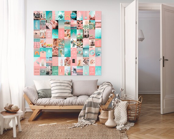 80 Pc Printed Peach and Teal Aesthetic Wall Collage Kit Photo