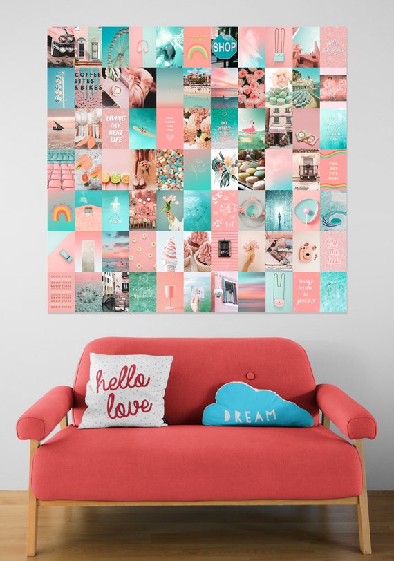 80 Pc Printed Peach and Teal Aesthetic Wall Collage Kit, Photo 