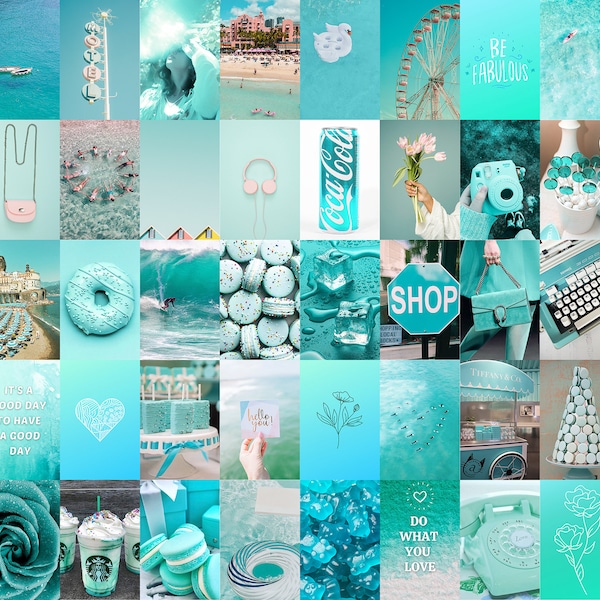 Teal Aesthetic Wall Collage Kit, Turquoise Beach Pictures, Summer Surf Collage Kit, Aqua Photo Collage Printed, Teen Dorm Room Decor Art