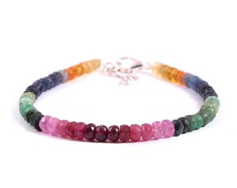 Qualité AAA++, Bracelet naturel de perles à facettes, multi-saphirs, émeraude et rubis 7 pouces, 4,5 à 5 mm