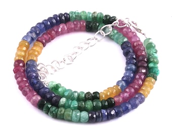 16 Inches, Natural Precious Multi Sapphire Emerald Ruby Gemstone Beads Necklace, 5 To 5.5 MM