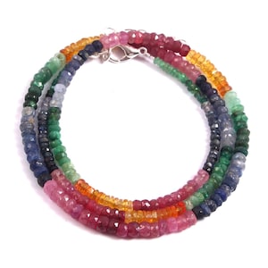 20 Inches, Natural Precious Multi Sapphire Emerald Ruby Gemstone Beads Necklace, 3 To 4.5 MM