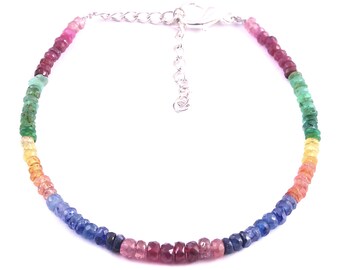 100% Natural Multi Sapphire Emerald Ruby Gemstone Faceted Beaded Bracelet 7 Inches, 3.5 To 4.5 MM