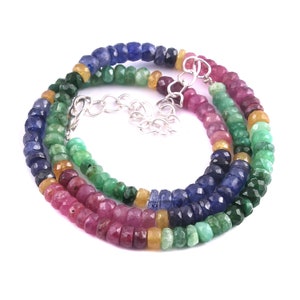 16 Inches, Natural Precious Multi Sapphire Emerald Ruby Gemstone Beads Necklace, 4.5 To 5.5 MM