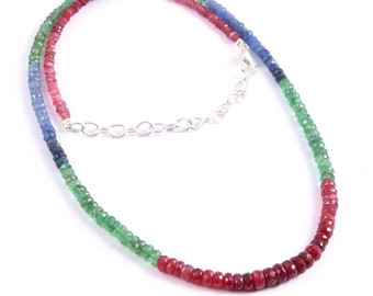 AAA+++ Natural Precious Sapphire Emerald Ruby Gemstone Faceted Beads Necklace 16 Inches, Natural Sapphire, Natural Emerald, Natural Ruby,