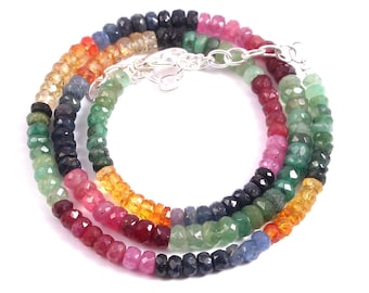 Natural Multi Sapphire Emerald Ruby Gemstone Beads Necklace, 17 Inches 101.5 Carat, 4.5 To 5 MM