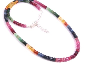 Qualité AAA+++, Collier de perles naturelles, multi-saphirs, émeraude, rubis, 17 pouces, 110 carats, 4,5 à 5 mm