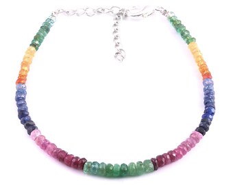100% Natural Multi Sapphire Emerald Ruby Gemstone Faceted Beaded Bracelet 7 Inches, 3.5 To 4.5 MM
