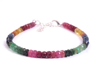 Natural Multi Sapphire Emerald Ruby Gemstone Faceted Beaded Bracelet 7 Inches, 4.5 To 5 MM