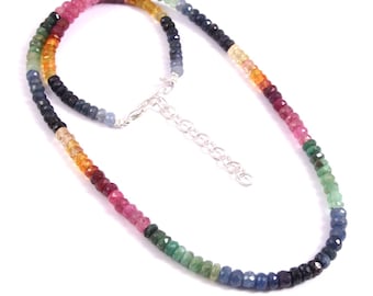 100% Natural Multi Sapphire Emerald Ruby Gemstone Beads Necklace, 16 Inches 107 Carat, 4.5 To 5 MM