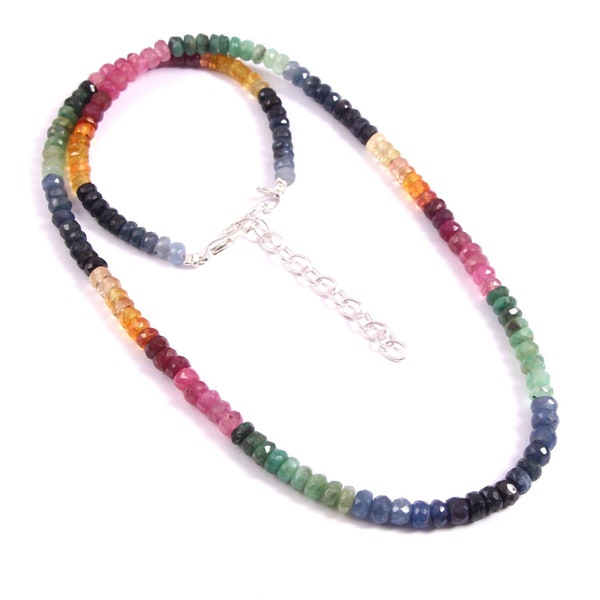 100% Natural Multi Sapphire Emerald Ruby Gemstone Beads Necklace, 16 Inches 107 Carat, 4.5 To 5 MM