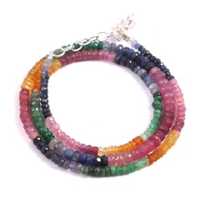 Natural Precious Multi Sapphire Emerald Ruby Gemstone Beads Necklace, 16 Inches, 3 To 4.5 MM