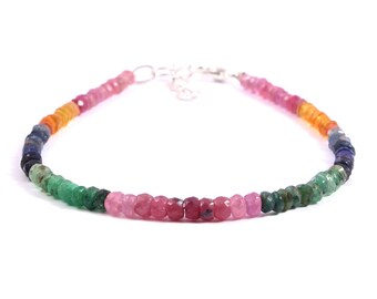 Natural Precious Multi Sapphire Emerald Ruby Gemstone Faceted Beaded Bracelet 7 Inches, 3 To 4 MM