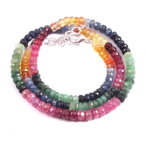 100% Natural Multi Sapphire Emerald Ruby Gemstone Beads Necklace, 16 Inches 102 Carat, 4.5 To 5 MM