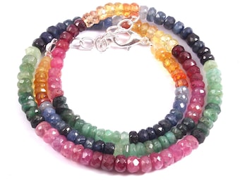 Collier de perles, pierres précieuses rubis, émeraudes et saphirs multiples 100 % naturels, 16 pouces, 102 carats, 4,5 à 5 mm