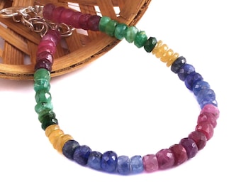 Natural Precious Multi Sapphire Emerald Ruby Gemstone Faceted Beaded Bracelet 7 Inches, 5.5 To 6 MM