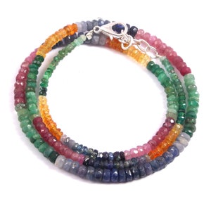 Natural Precious Multi Sapphire Emerald Ruby Gemstone Beads Necklace, 18 Inches, 3 To 4.5 MM
