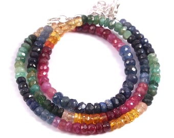 Qualité AAA+++, Collier de perles naturelles de rubis, multi saphirs, émeraude, 17 pouces 104,5 carats, 4,5 à 5 mm
