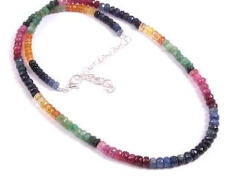 Natural Multi Sapphire Emerald Ruby Gemstone Beads Necklace, 17 Inches 111.5 Carat, 4.5 To 5 MM