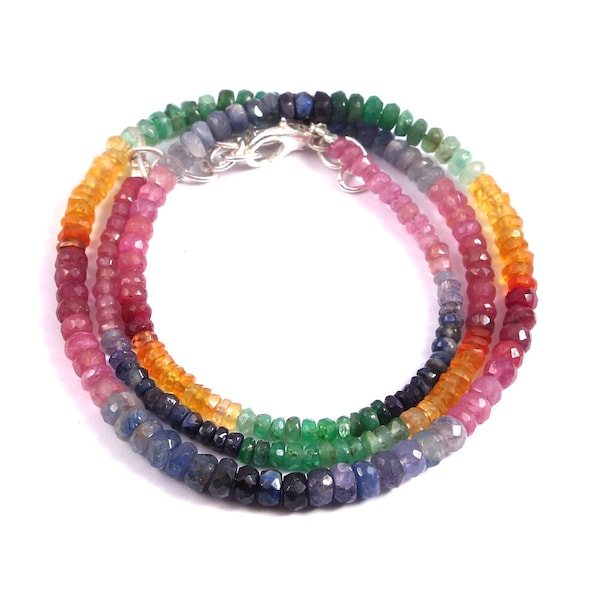 Natural Precious Multi Sapphire Emerald Ruby Gemstone Beads Necklace, 16 Inches, 3 To 4.5 MM