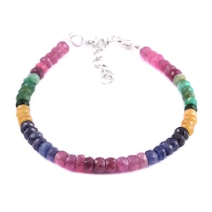 Natural Precious Multi Sapphire Emerald Ruby Gemstone Faceted Beaded Bracelet 7 Inches, 5.5 To 6 MM