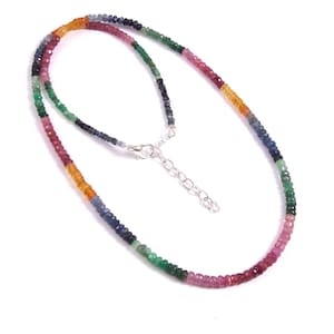 Natural Precious Multi Sapphire Emerald Ruby Gemstone Beads Necklace, 20 Inches, 3 To 4.5 MM