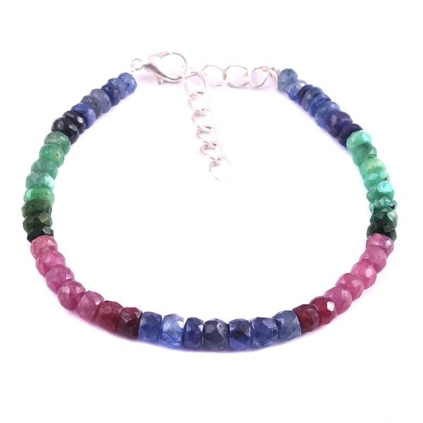 Natural Precious Multi Sapphire Emerald Ruby Gemstone Faceted Beaded Bracelet 7 Inches, 4.5 To 6 MM