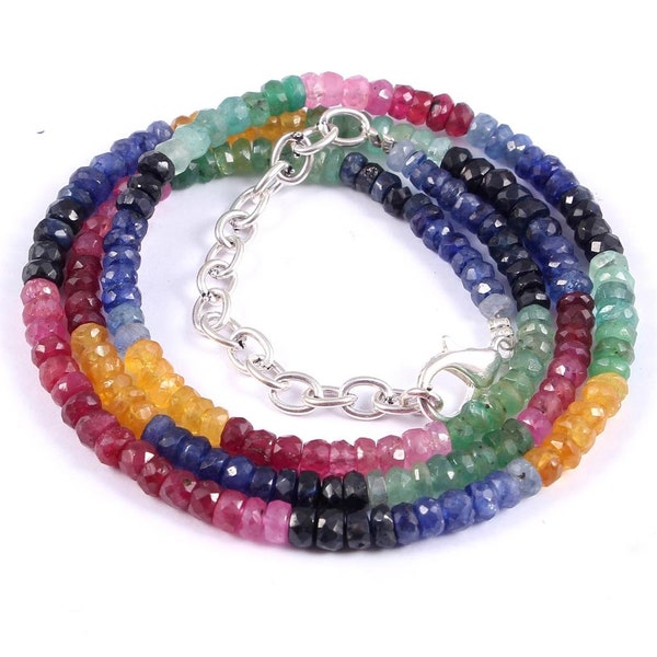 Natural Multi Sapphire Emerald Ruby Gemstone Beads 1 strand Necklace 20 inches 110Crt