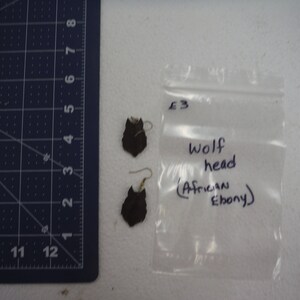 Hand made African Black Ebony Wolf Head earrings. #E3