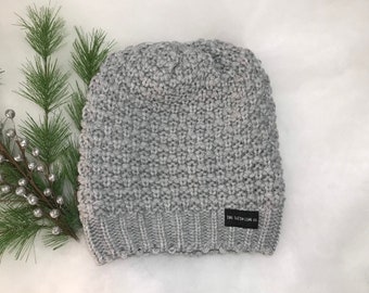 Gray Satin Lined Hat - Regular Size - Fitted Knit Winter Beanie - Crochet Style