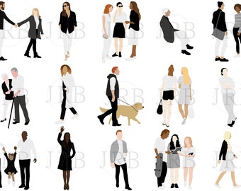 May include: An illustration of 14 people in various poses, including walking, standing, and sitting. The people are all wearing different clothing, including jackets, coats, dresses, and pants. The illustration is in a minimalist style, with flat colors and simple lines.