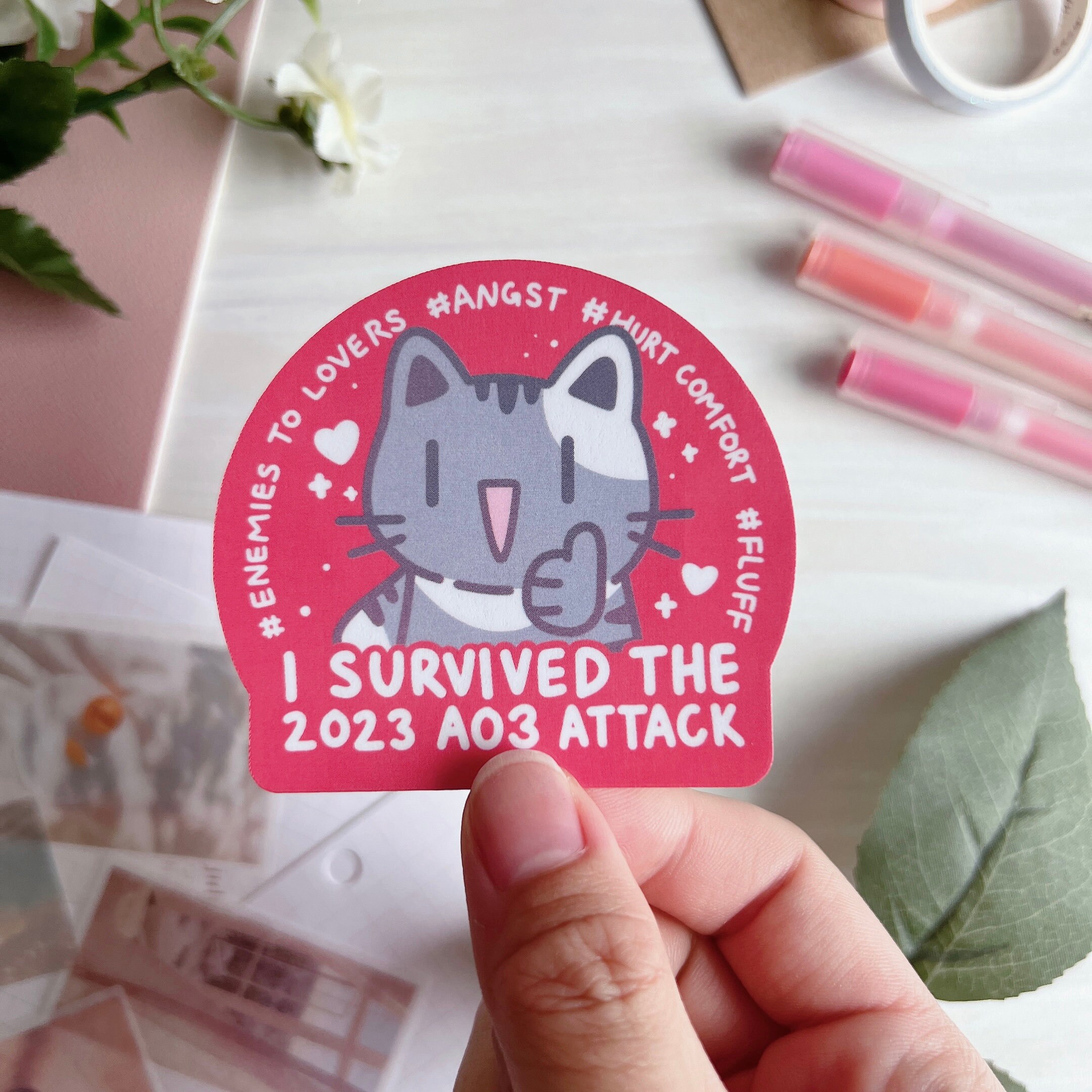 Cute Cat Sticker I Survived the 2023 Ao3 Attack Stickers Stationary