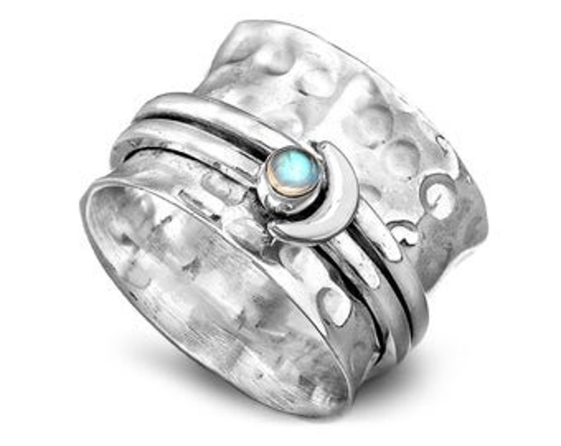 Spinner Ring Crescent Moon ring Boho Wide band Ring Meditation Hammered Ring Fidget Ring Moonstone ring Sterling Silver Ring for Women