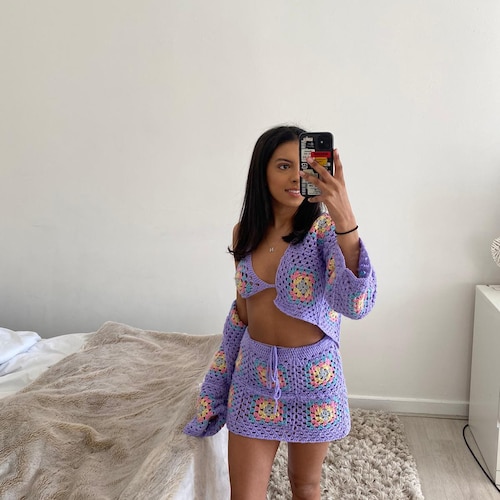 Crochet festival set / festival clothing / matching skirt and bralette / crochet skirt and cardigan / custom crochet clothing