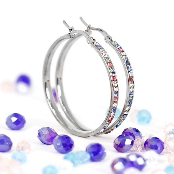 Women Fashion Stainless Steel Silver Hoop Earring with Multi Colors Rhinestones | Everyday look Accessory