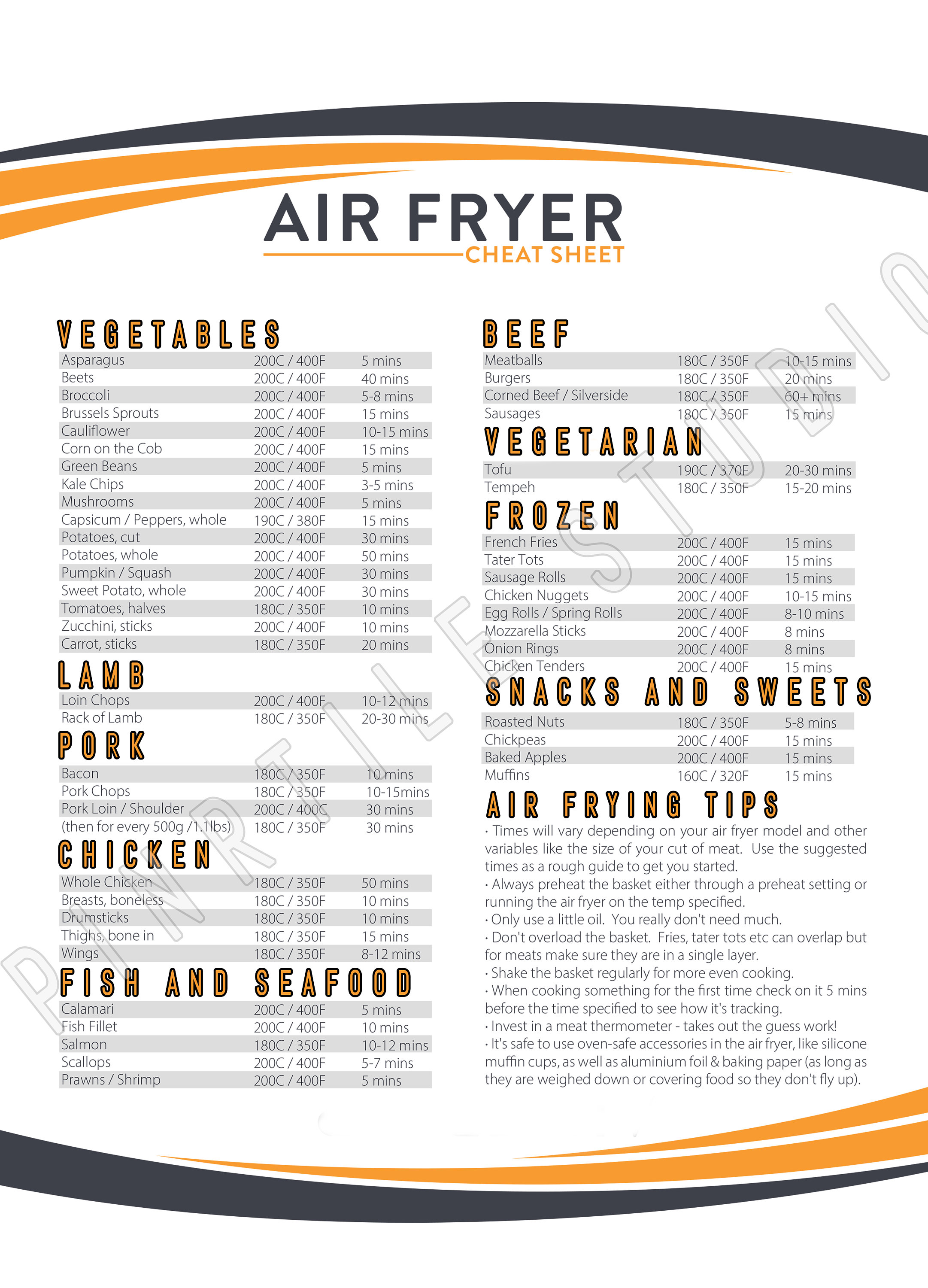 Air Fryer Cooking Times - free printable cheat sheet  Air fryer cooking  times, Emeril air fryer, Cooks air fryer