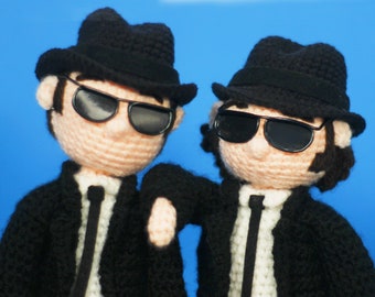 The Blues Brothers inspired Crochet Amigurumi Dolls - One of a Kind Handmade Action Figures - Ellwood and Jake Blues - 80s comedy movie