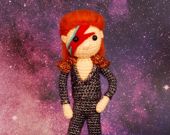 David Bowie inspired Crochet Amigurumi Doll - Handmade One of a Kind Fan Art - Rock Idol 1973 Aladdin Sane Ziggy Stardust