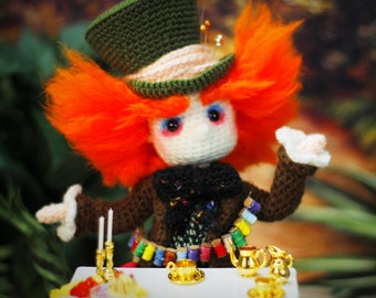 Mad Hatter inspired Crochet Amigurumi Doll - One of a Kind Handmade Crochet Action Figure - Alice in Wonderland