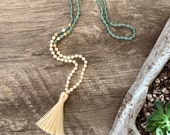 Calcite Aventurine Mala with Light Yellow Tassel 108 Beads - 6mm
