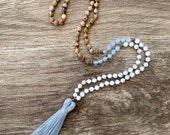 Picture Jasper Opalite Magnesite Mala with Light Blue Tassel - 108 Beads - 6mm