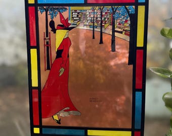 Vintage Aubrey Beardsley Art Nouveau Style Painted Glass Suncatcher