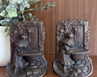 Antique Art Nouveau Whimsical Bookends, Girl Drinking from Lion's Head Fountain with Floral Motif